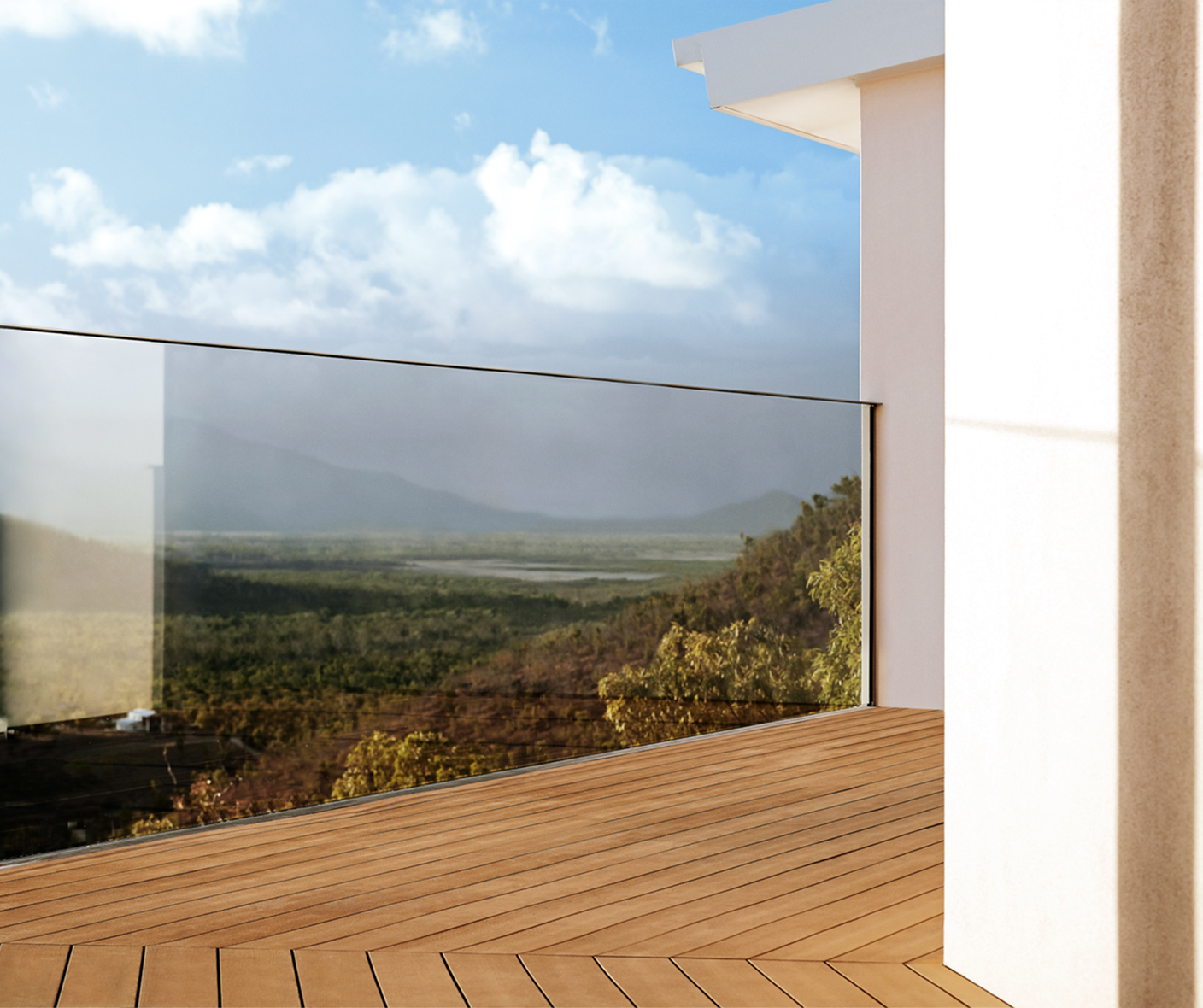 A composite decking with a glass railing.